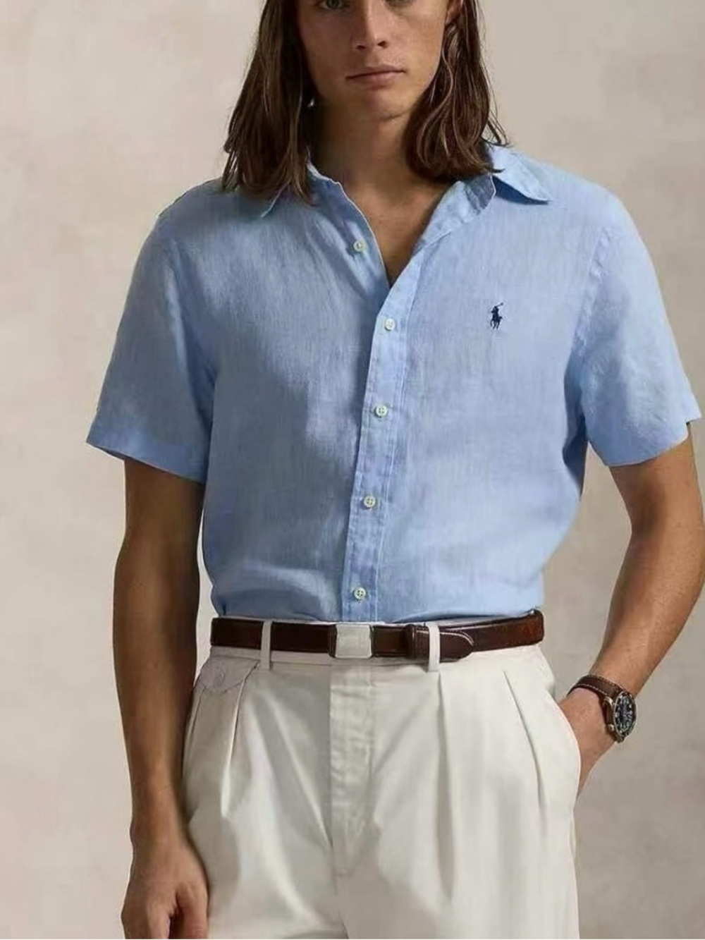 NWT Polo Ralph Lauren Men’s Short Sleeve Light Blue Button-Down Linen Shirt M